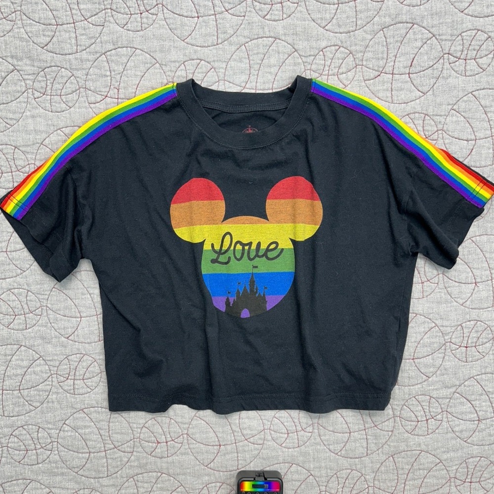 Disney Parks Pride Cropped T-Shirt Black Rainbow Mickey Love / Women's XS